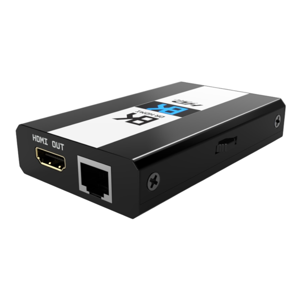 Angled view of the black DR HDMI 8K with the HDMI OUT port and RJ45 network port
