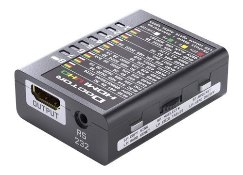 Dr HDMI 4K seen from the output end, with the UHD EDID bank table printed on the top of the unit