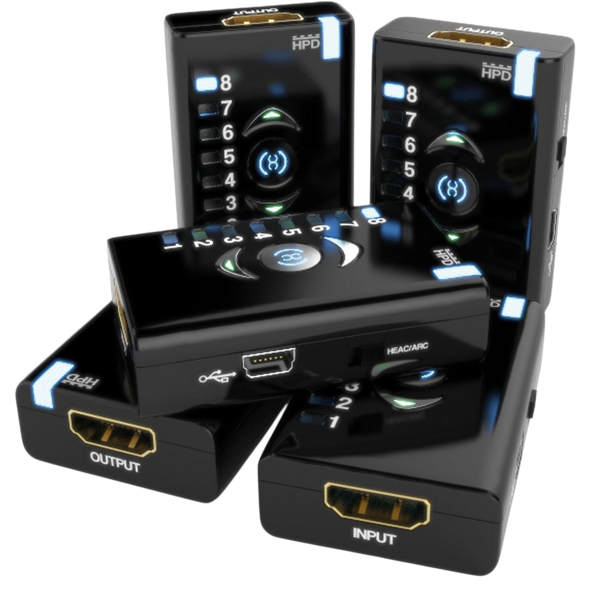 Five Dr HDMI units from different angles with HDMI input, output, Mini-USB port and HEAC/ARC switch