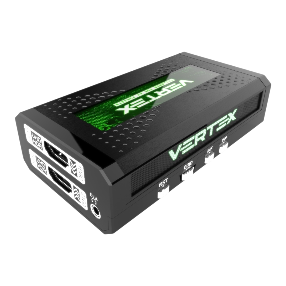HDfury Vertex HDMI 2.0b splitter and scaler: HDMI outputs, D/A audio jack and RST, EDID, INF and INP controls